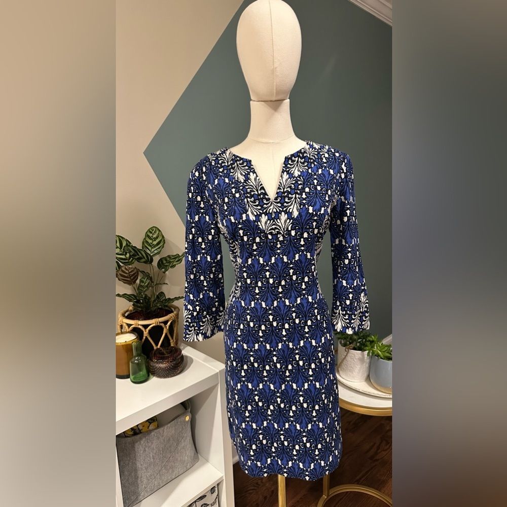 Donna Morgan 60's Retro Boho Shift Dress with Slimming Panels & 3/4 Sleeves 8P